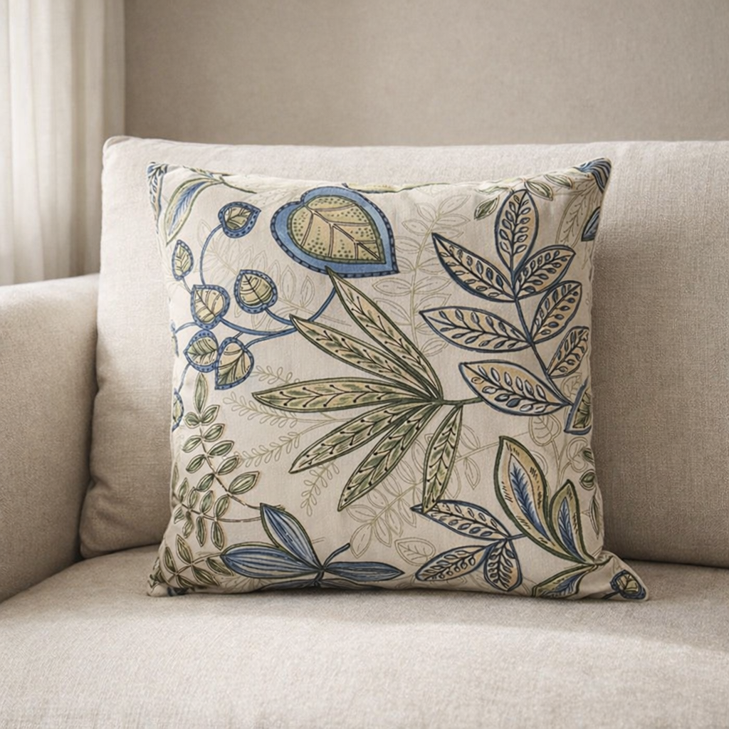 Fundas Para Cojines Jacquard Hojas Doradas Azul 45x45cm