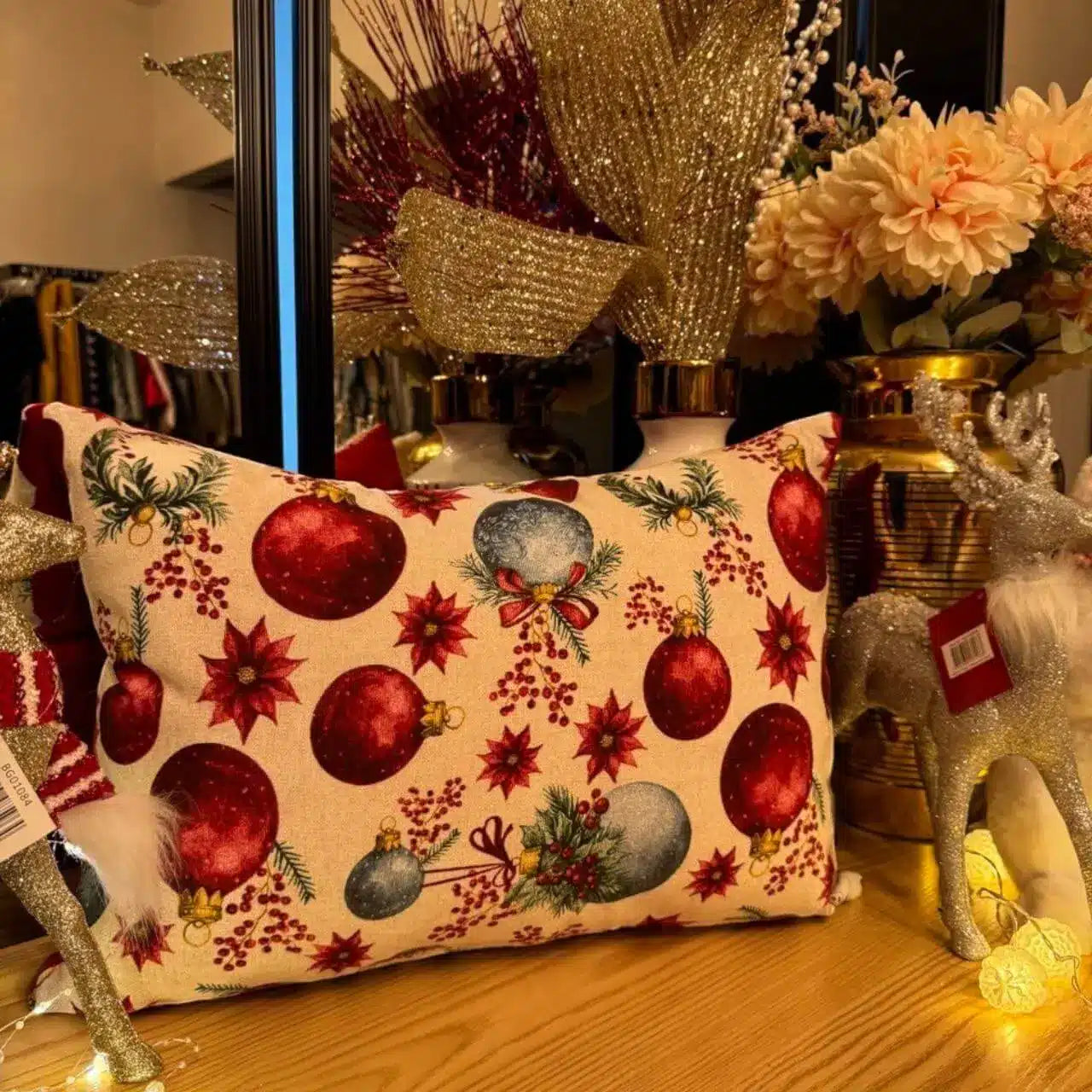 Fundas para Cojín Decorativo Navideño de Lujo Bolas Navidad Roja 30x50cm