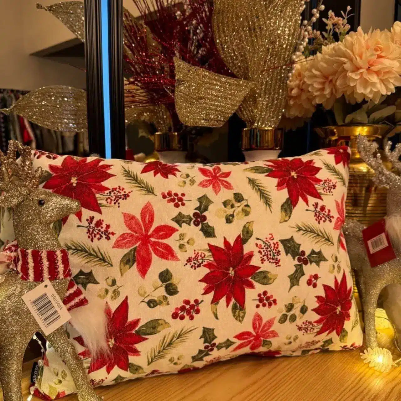 Funda para Cojín Decorativo Navideño de Lujo Hojas Rojas 30x50cm